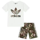White & Green Trefoil Logo Shorts Set, 1, hi-res