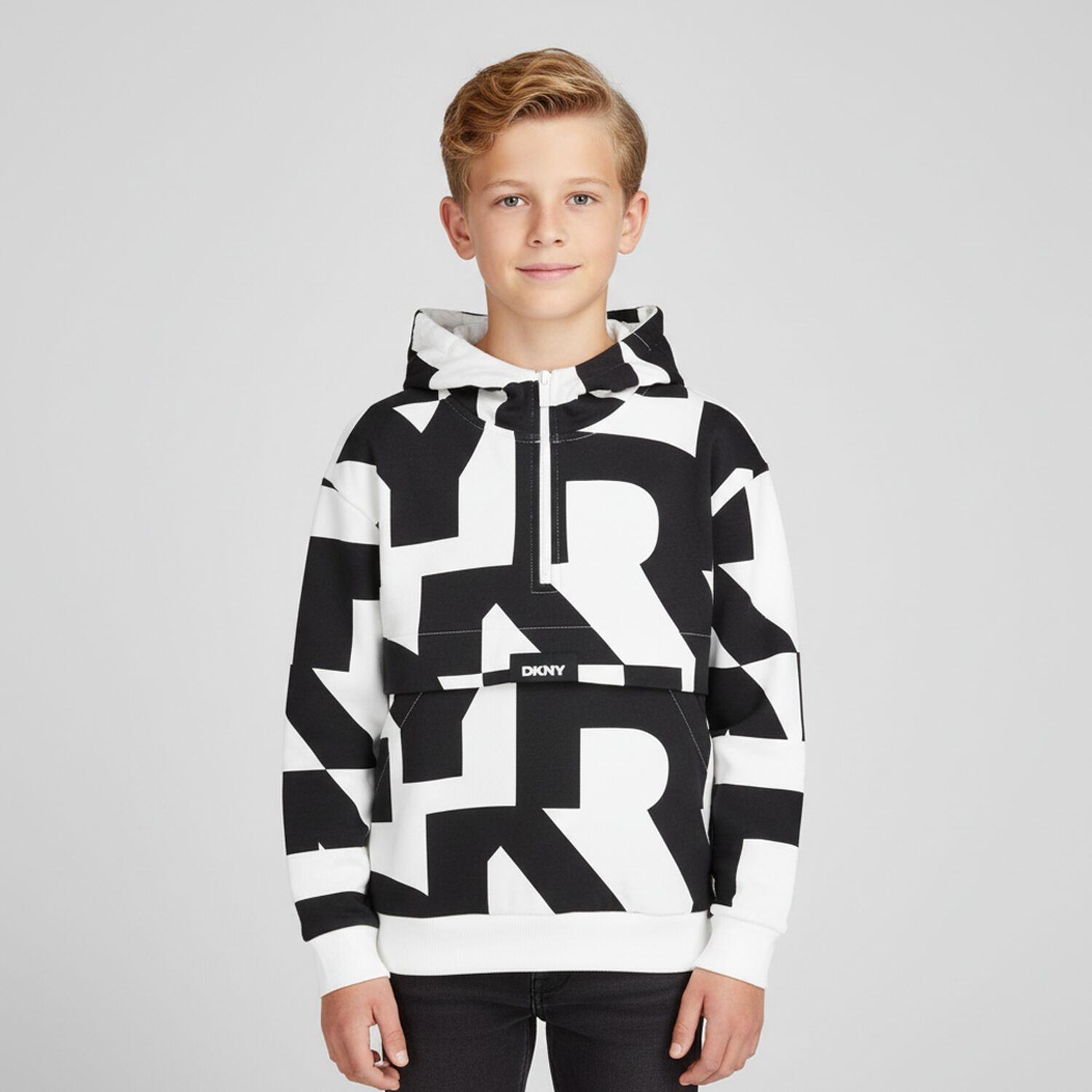 White & Black Logo Hooded Top, 1, hi-res