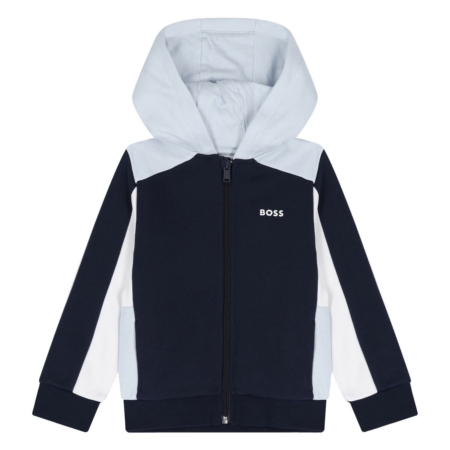 Younger Boys Navy Blue, White & Blue Hooded Zip Up Top, 3, hi-res