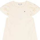 Girls Beige Logo Broderie Anglaise Dress, 1, hi-res