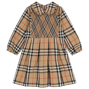 Girls Beige Check Shirred Dress