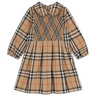 Girls Beige Check Shirred Dress, 1, hi-res