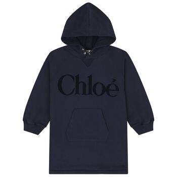 Girls Navy Blue Logo Hooded Dress