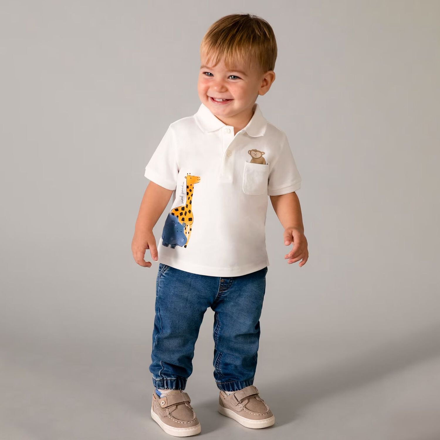 Younger Boys Ivory Animals Polo Shirt, 1, hi-res