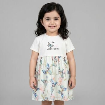 Younger Girls Ivory Butterflies Logo Dress