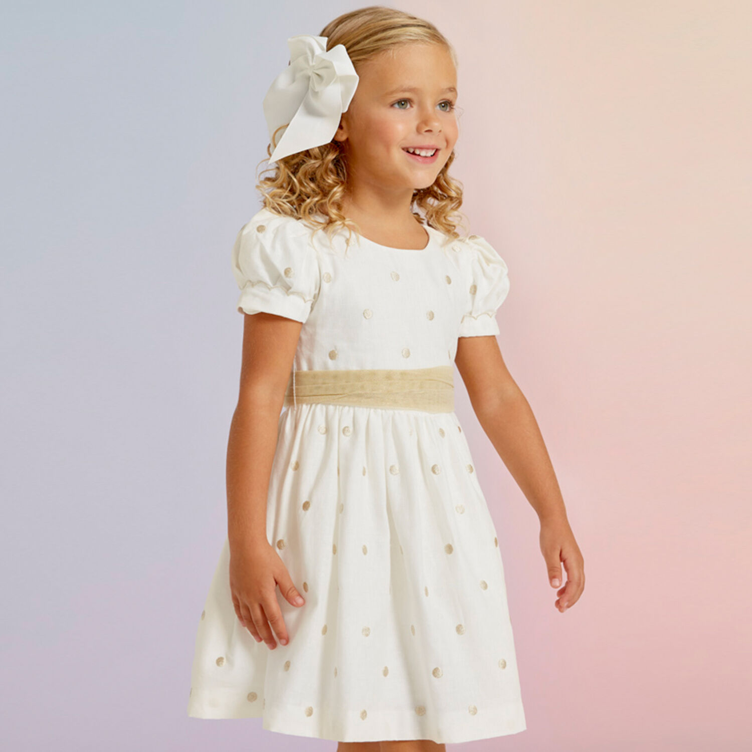 Girls Ivory & Gold Spot Dress, 1, hi-res image number null
