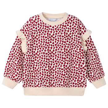 Mayoral Girls Beige & Red Heart Sweatshirt , 2 Girls Beige & Red Heart Sweatshirt