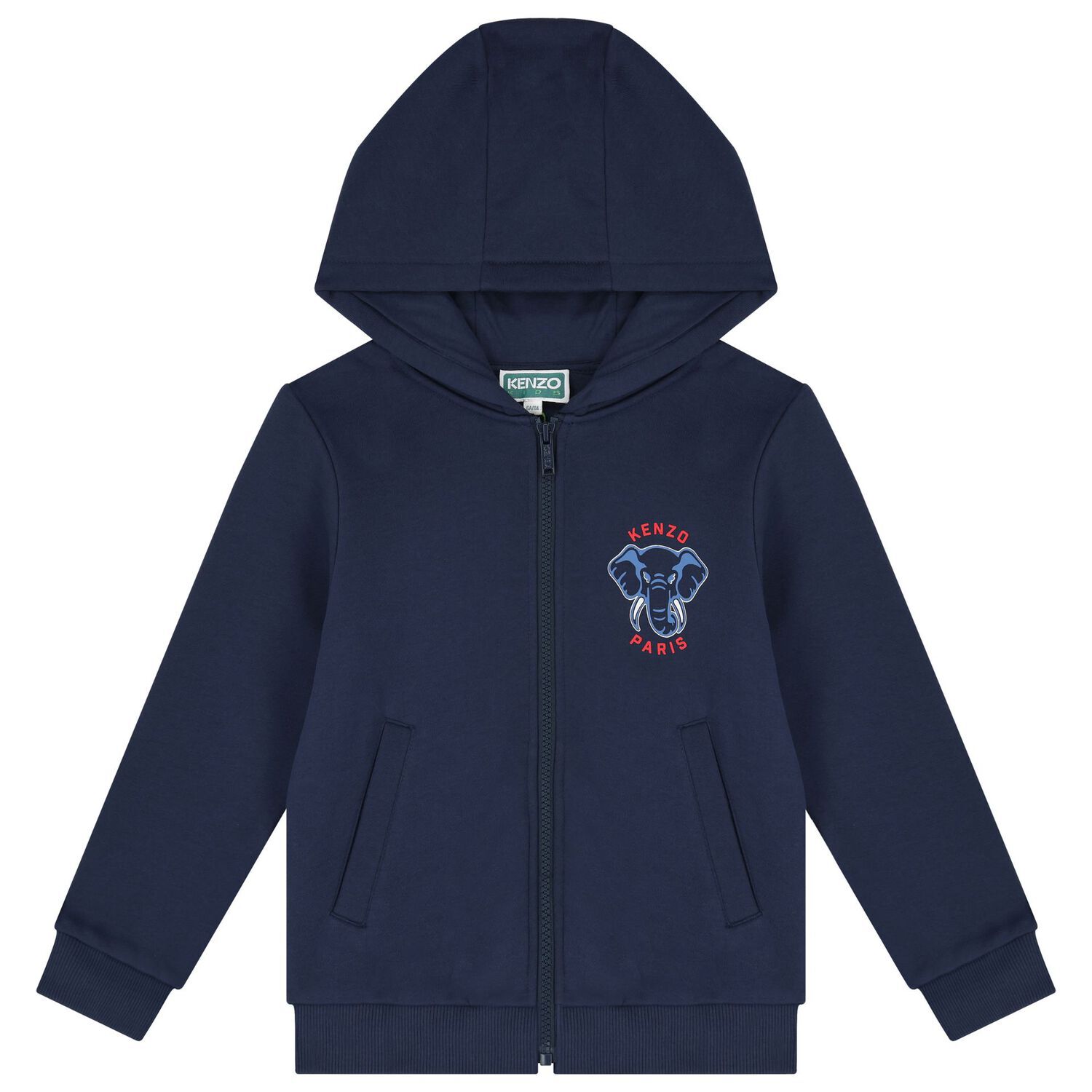 Boys Navy Blue Elephant Logo Hooded Zip Up Top, 1, hi-res