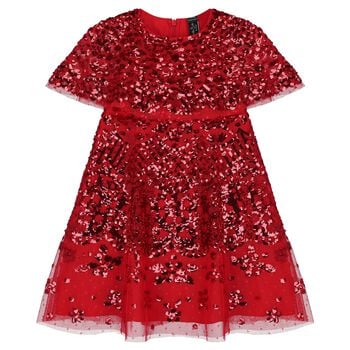 Girls Red Embellished Sequin Cape Dress
