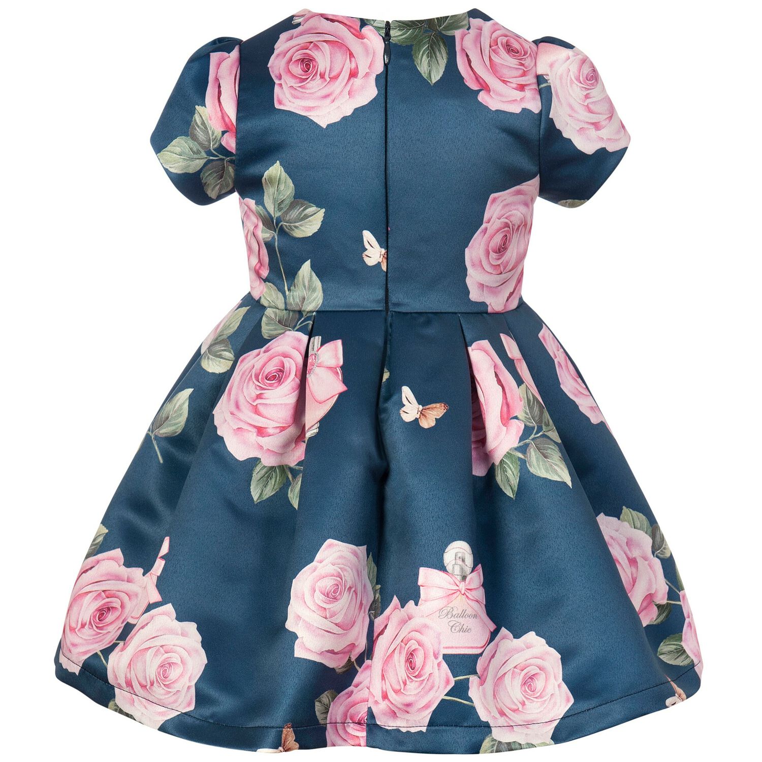 Girls Navy Rose Print Satin Dress, 1, hi-res