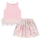Girls Pink Feather & Rose Skirt Set, 1, hi-res