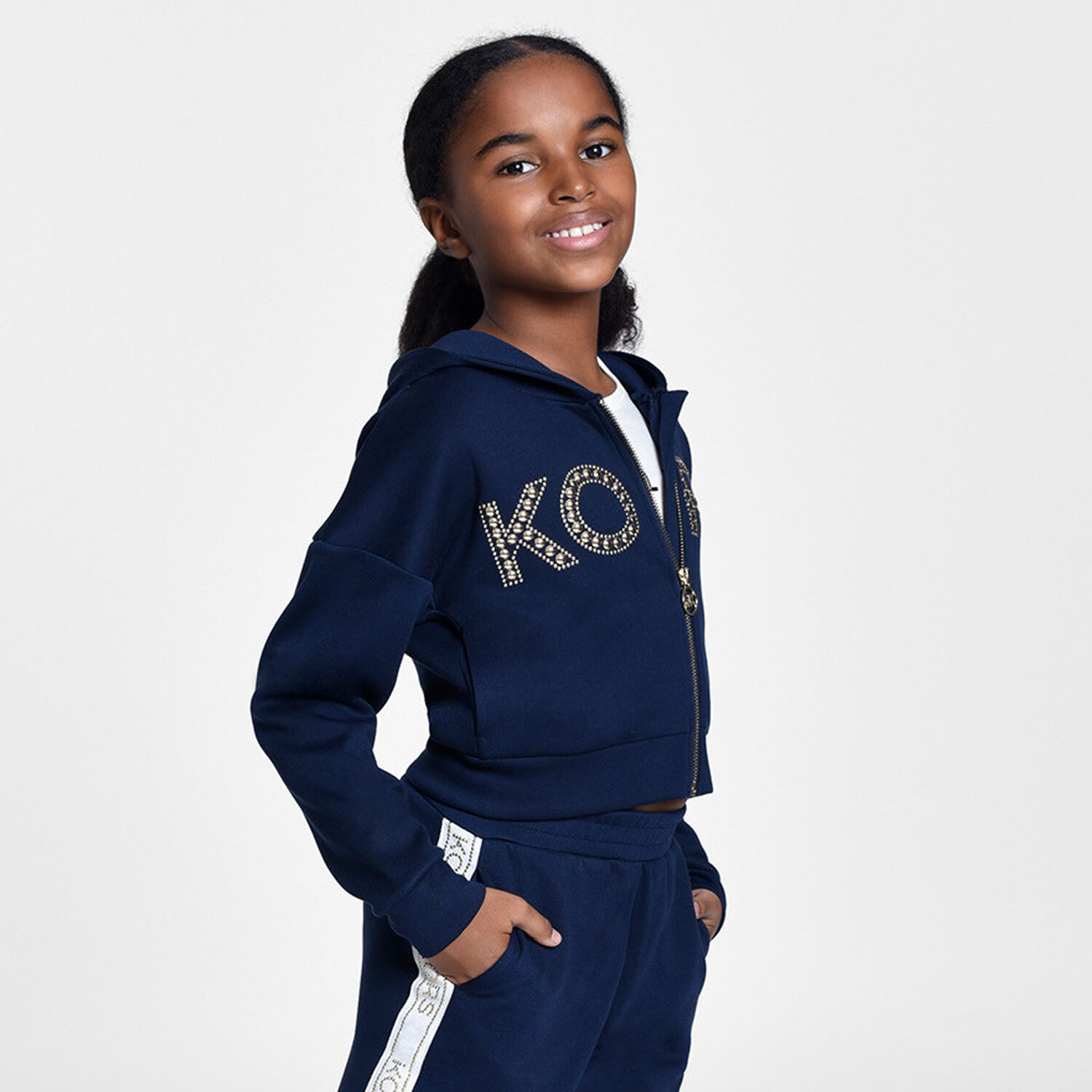 Girls Navy Blue Logo Hooded Zip Up Top, 2, hi-res image number null