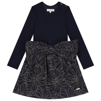 Girls Navy Blue & Gold Jacquard Dress