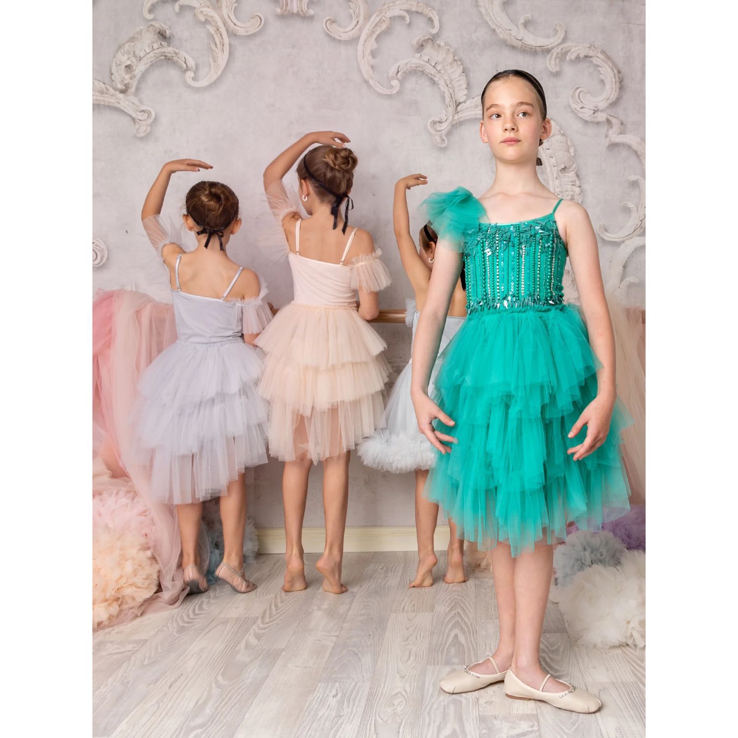 Girls Green Ruffled Tulle Dress, 1, hi-res