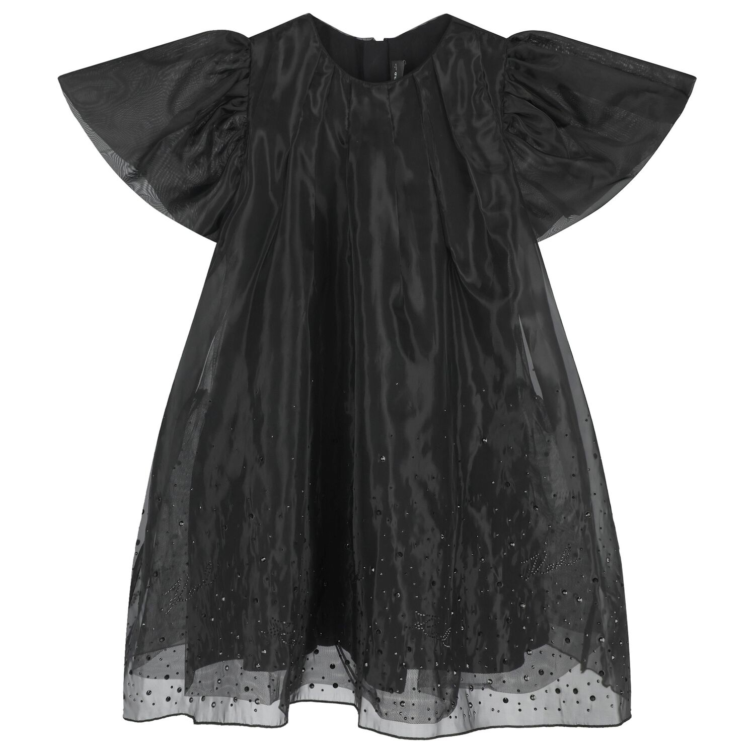 Girls Black Embellished Organza Dress, 1, hi-res