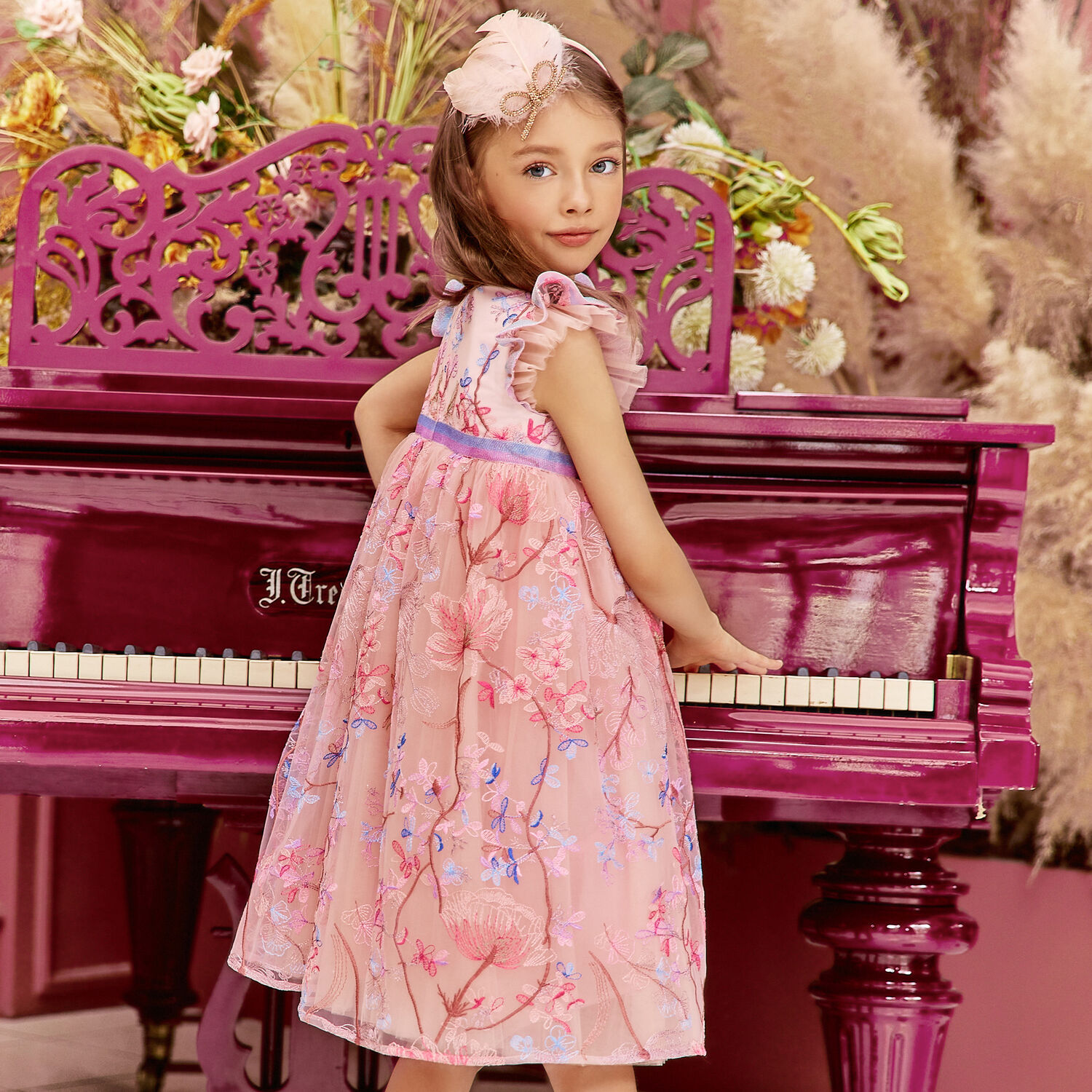 Girls Pink Embroidered Tulle Dress, 1, hi-res image number null