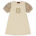 Girls Beige & Gold Logo Dress, 2, hi-res