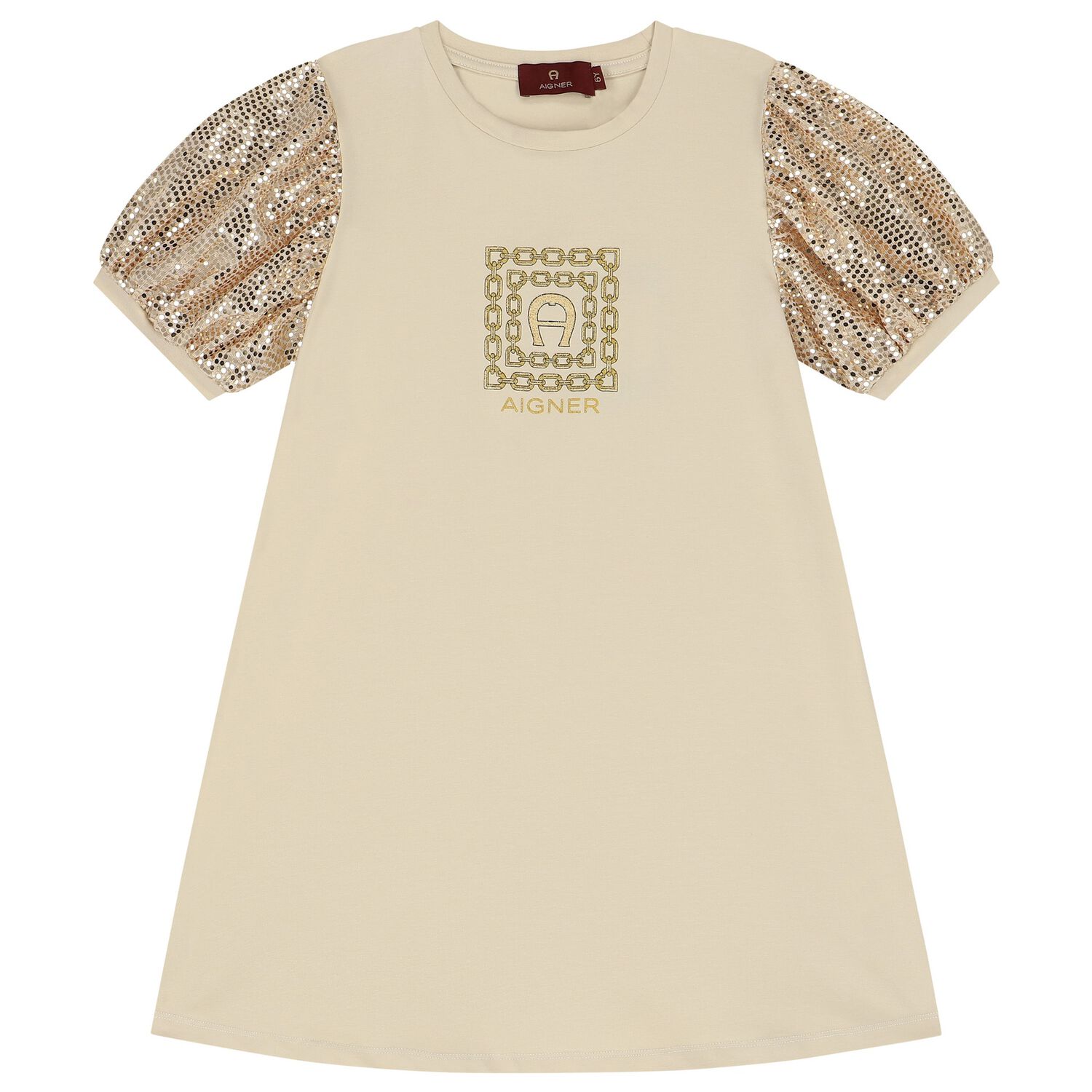 Girls Beige & Gold Logo Dress, 2, hi-res image number null