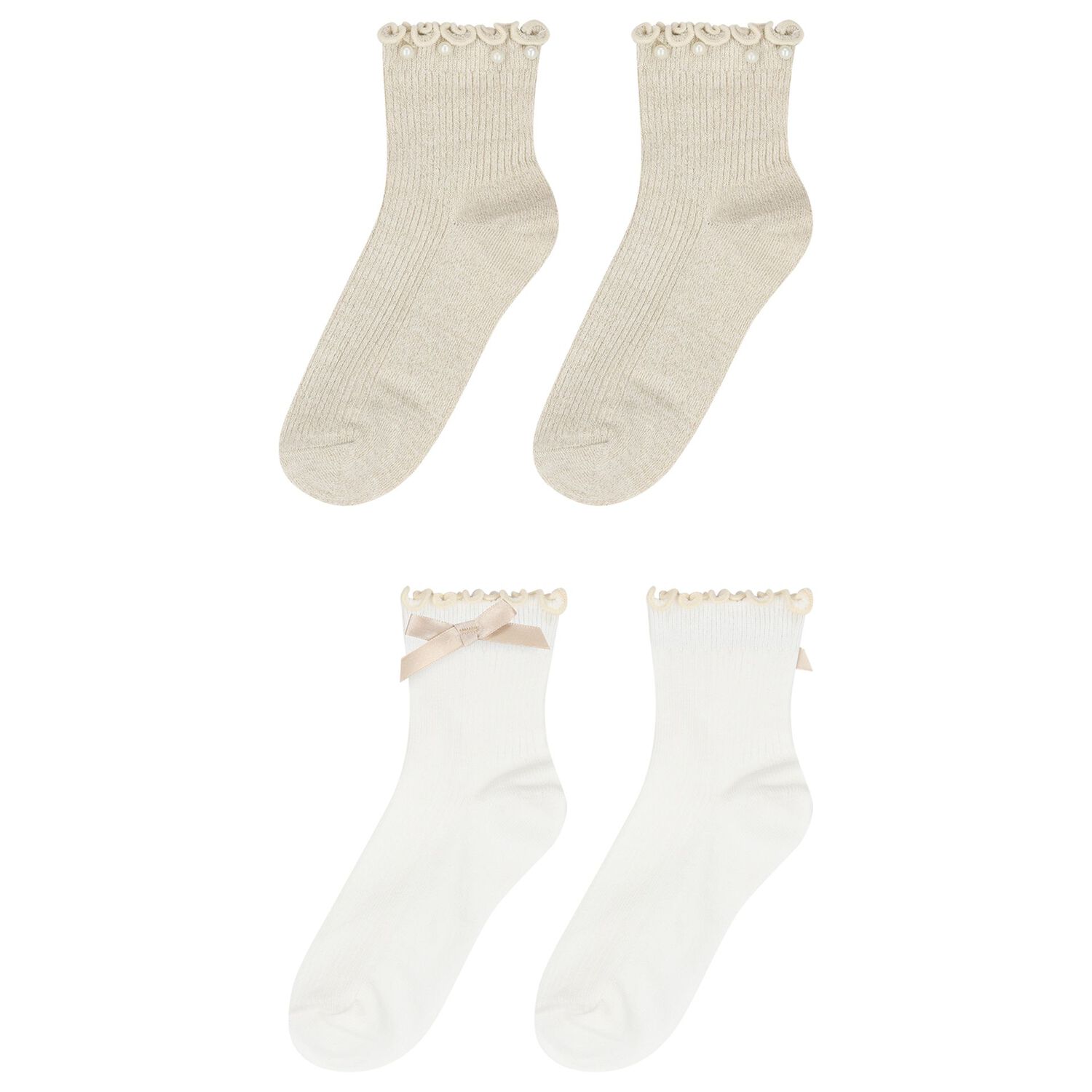 Girls White & Beige Bow & Pearl Socks ( 2-Pack ) , 2, hi-res