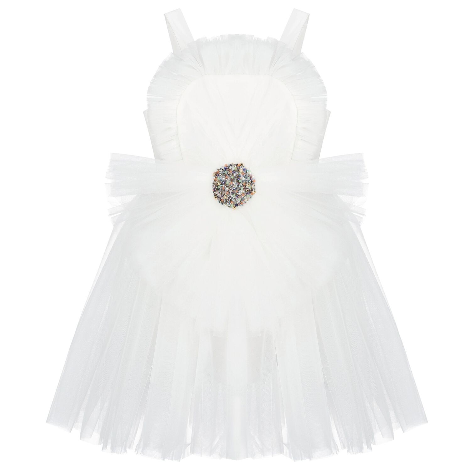 Girls White Flower Tulle Dress, 1, hi-res image number null
