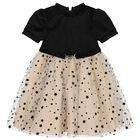 Girls Black Velvet & Gold Tulle Dress, 2, hi-res