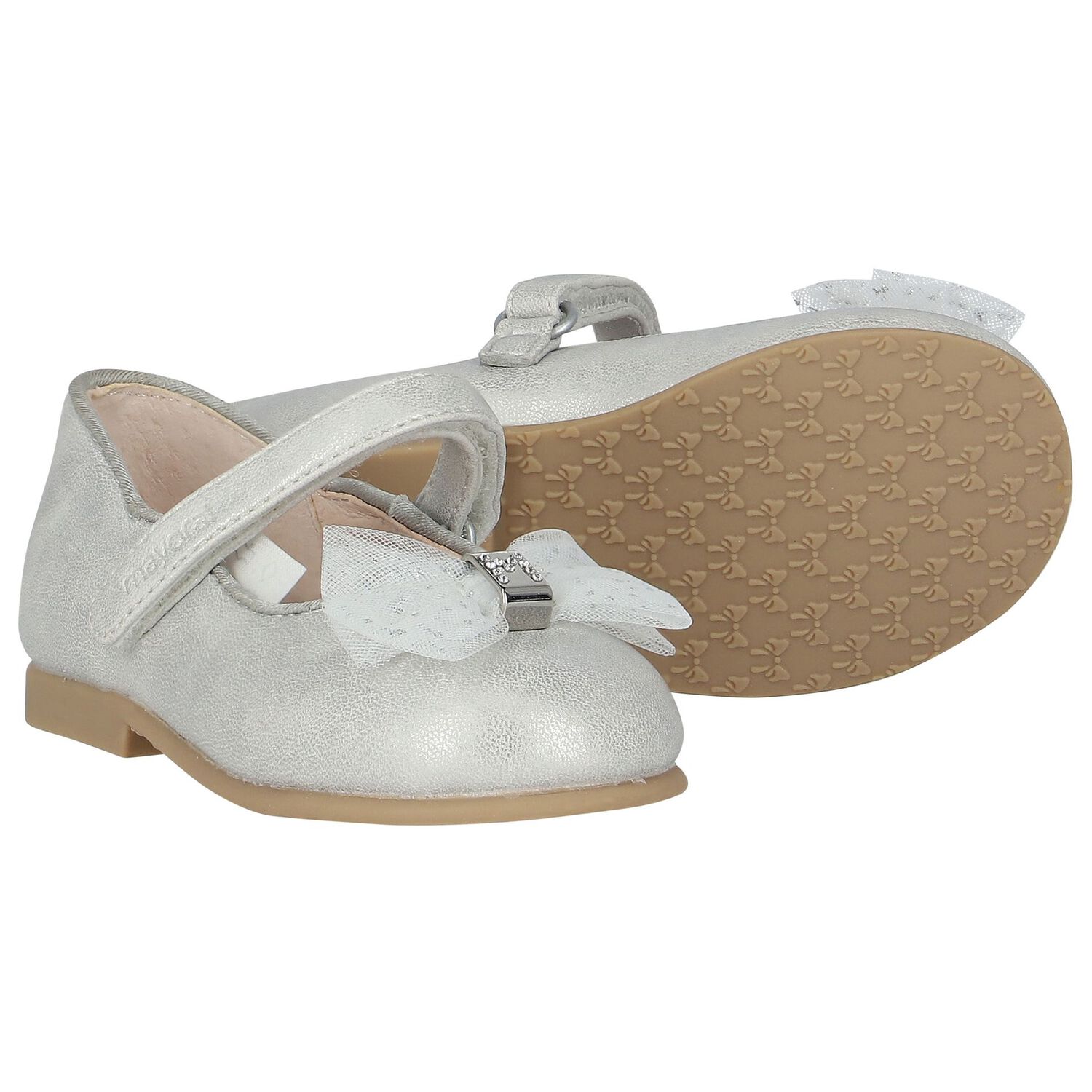 Younger Girls Silver Bow Shoes, 2, hi-res