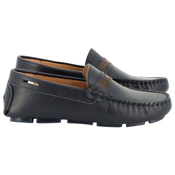 Boys Navy Blue Logo Moccasins