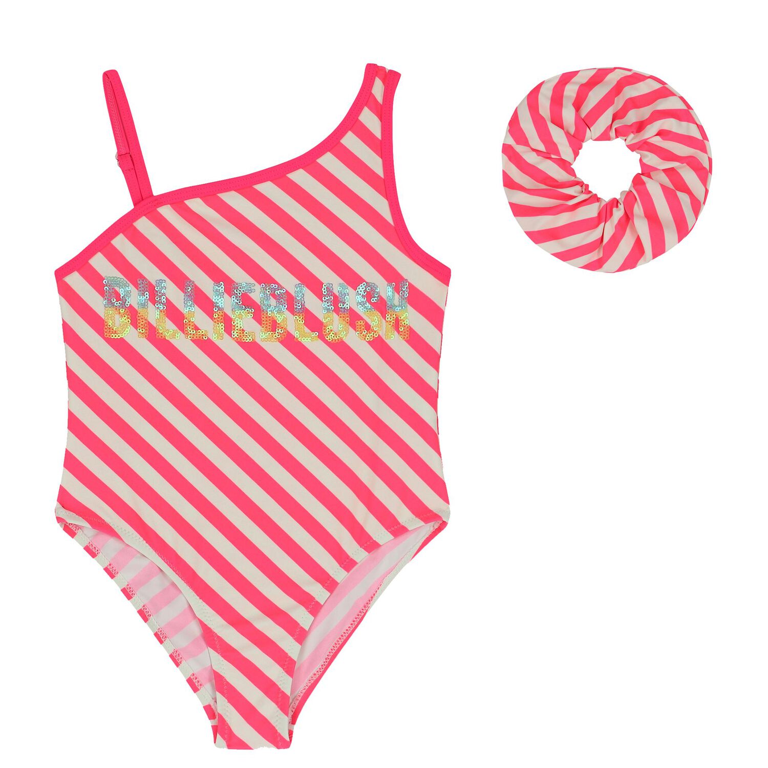 Girls White & Pink Striped Logo Swimsuit, 1, hi-res image number null