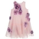 Girls Pink 3D Floral Organza Dress, 1, hi-res