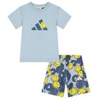 Boys Blue Logo Smiley Shorts Set, 1, hi-res