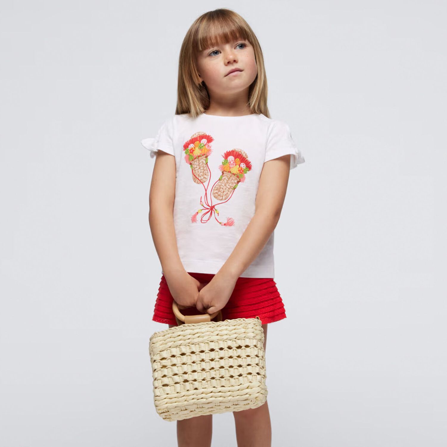 Girls White & Red Frilled Shorts Set, 1, hi-res