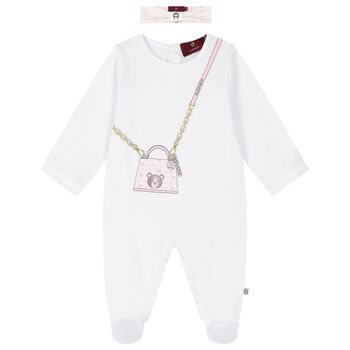 Baby Girls White Teddy Bear Bag Babygrow Set