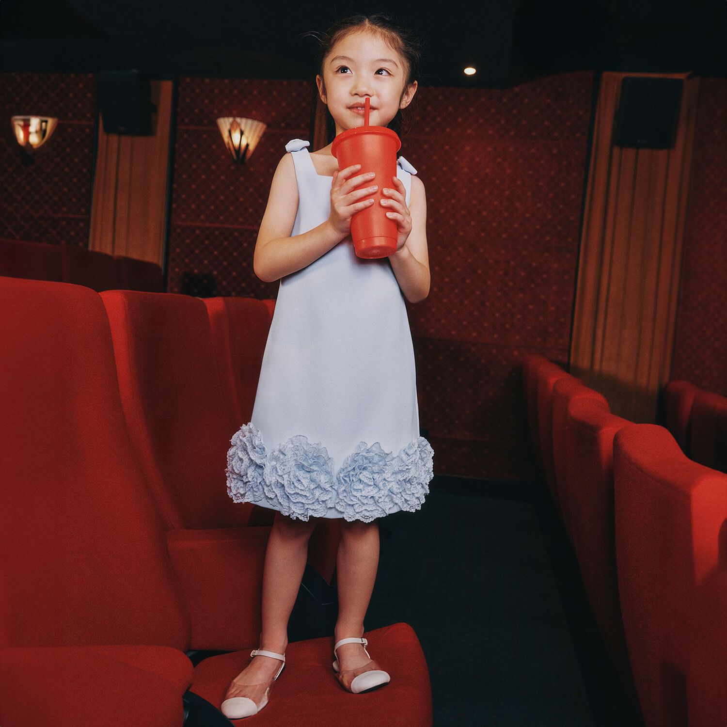 Girls Blue Crepe Floral Lace Dress, 1, hi-res