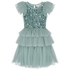 Girls Green Embellished Sequin Tulle Dress, 1, hi-res