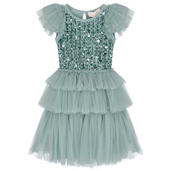 Girls Green Embellished Sequin Tulle Dress
