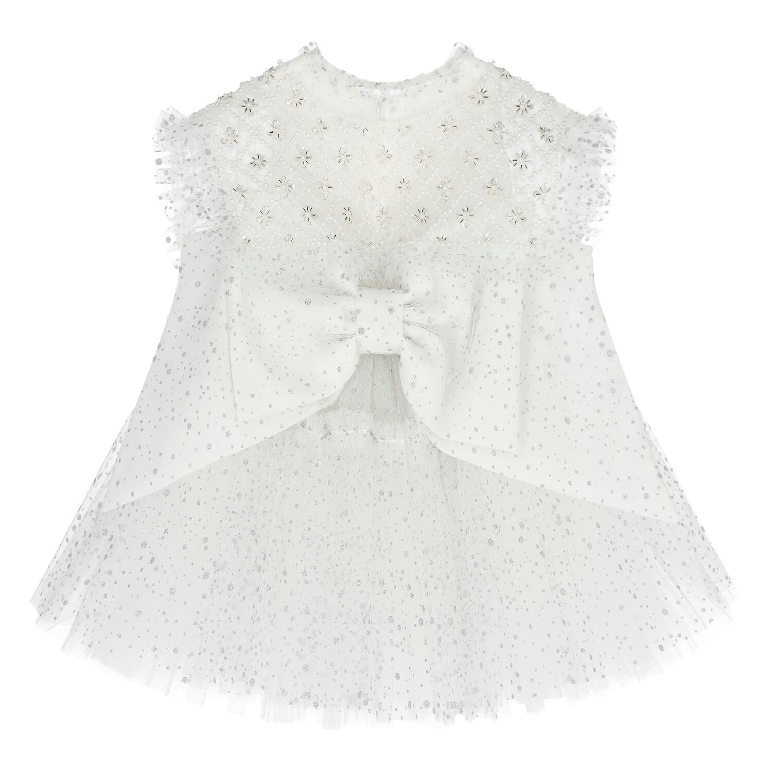 Younger Girls White Embellished Tulle Dress, 1, hi-res