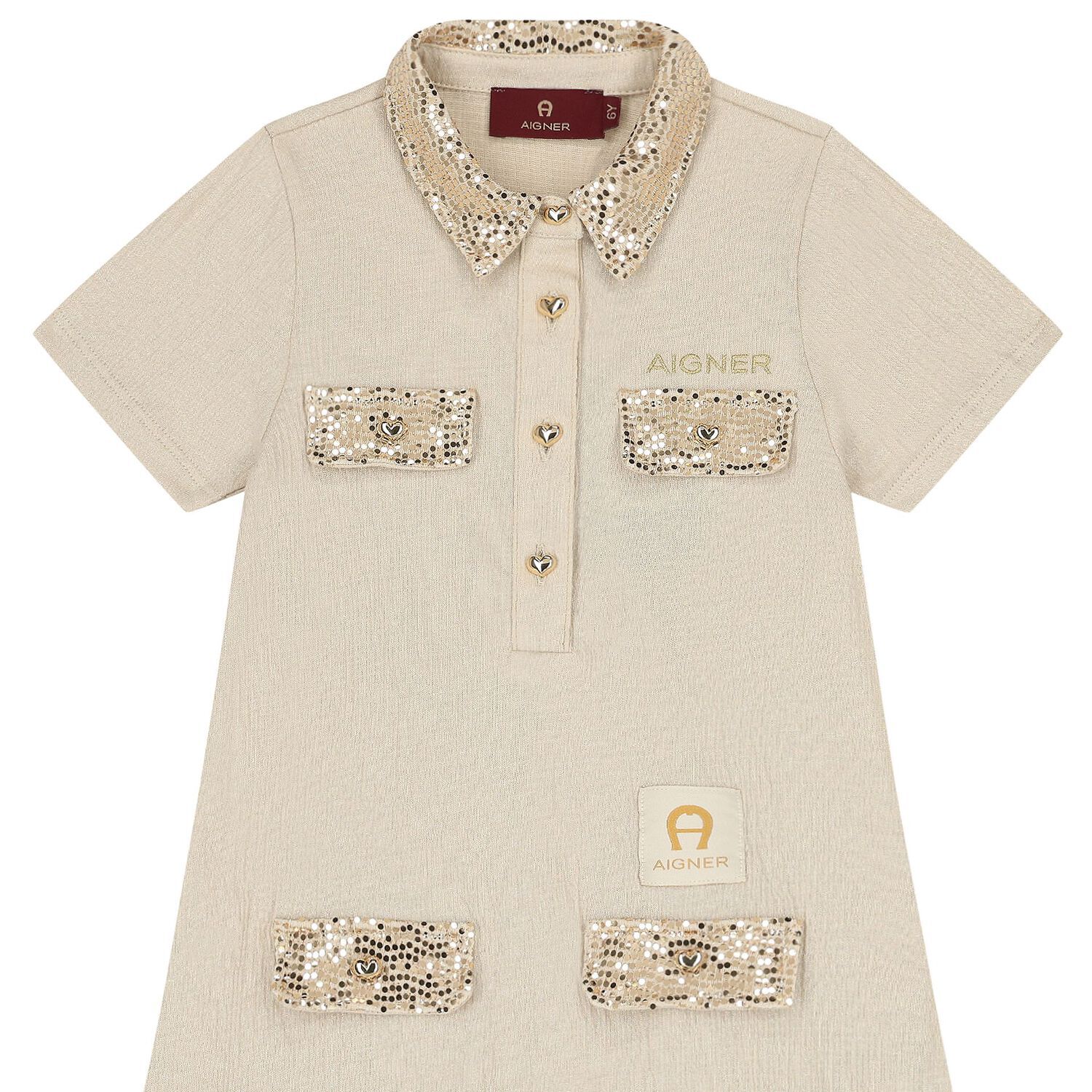 Girls Beige & Gold Logo Polo Dress, 1, hi-res