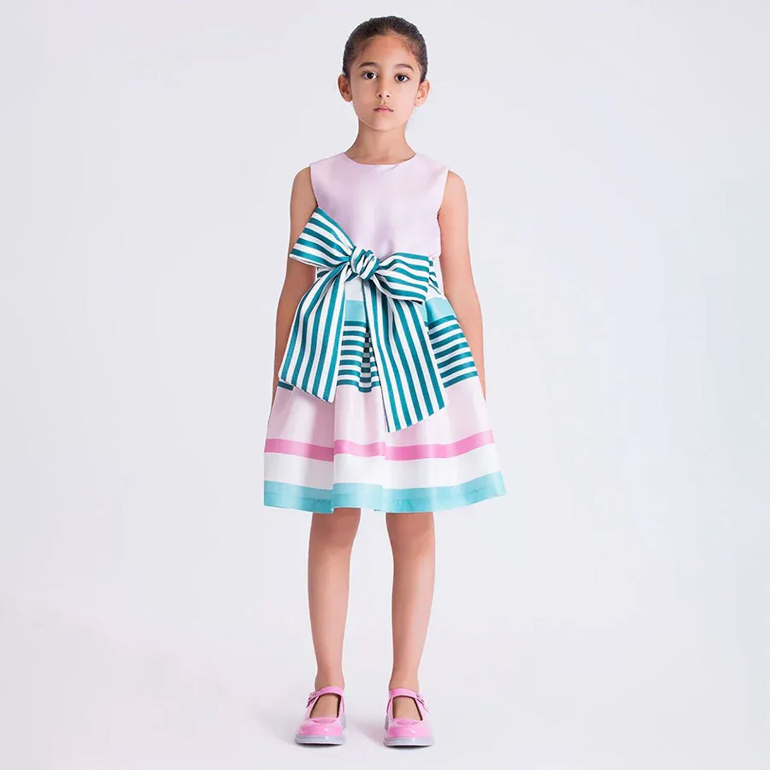 Girls Pink Bow Striped Dress, 1, hi-res