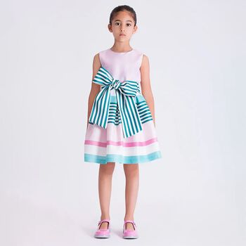 Girls Pink Bow Striped Dress
