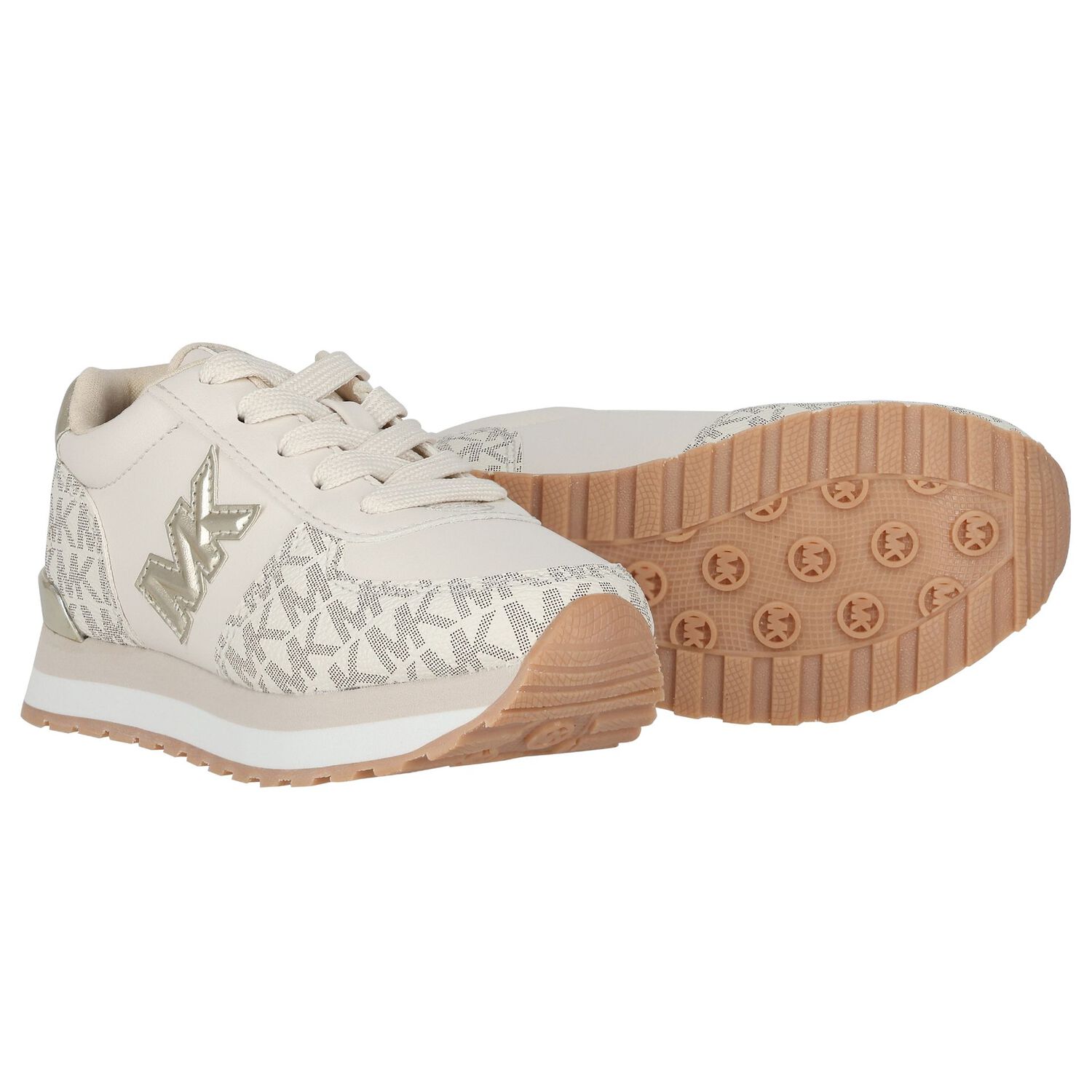 Girls Ivory & Gold Logo Trainers, 1, hi-res