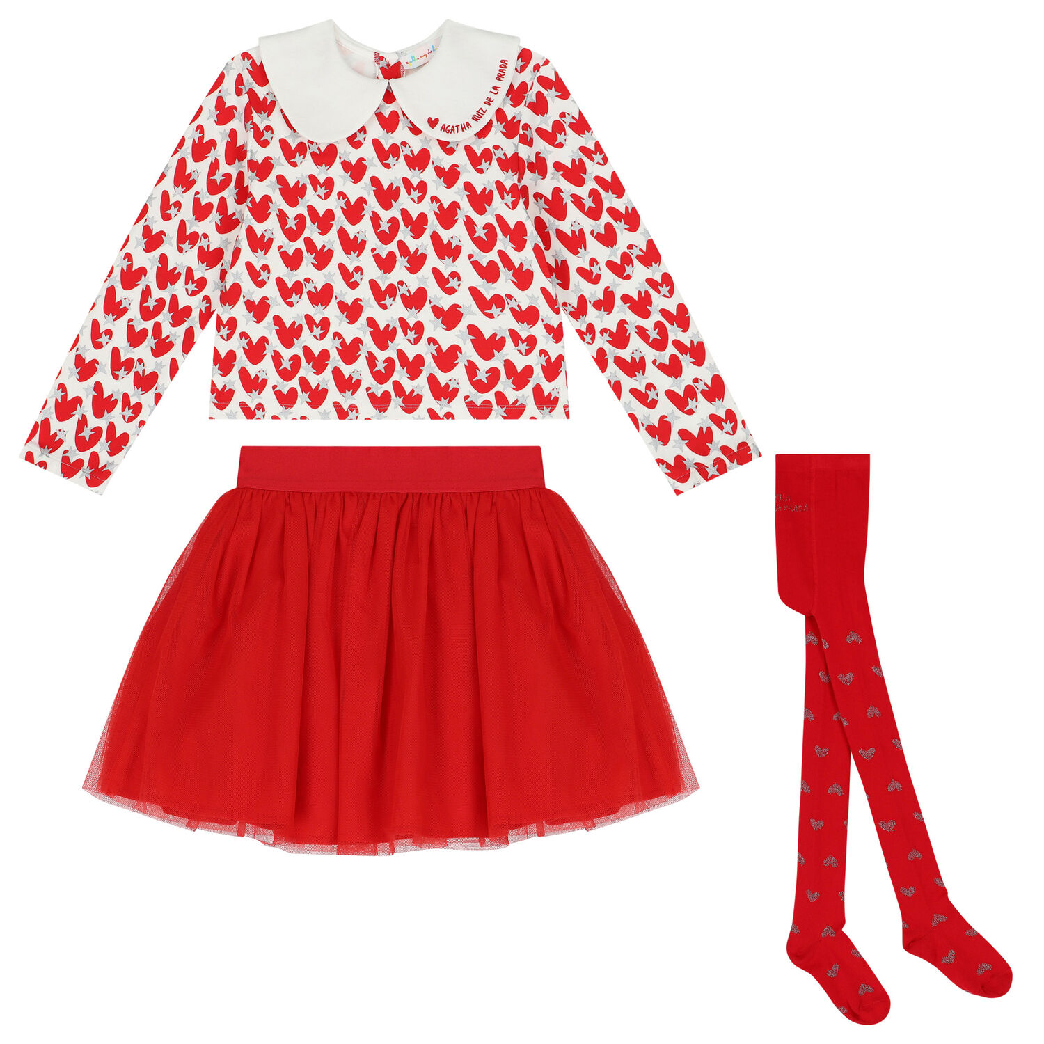 Girls Ivory & Red Tulle Skirt Set, 1, hi-res