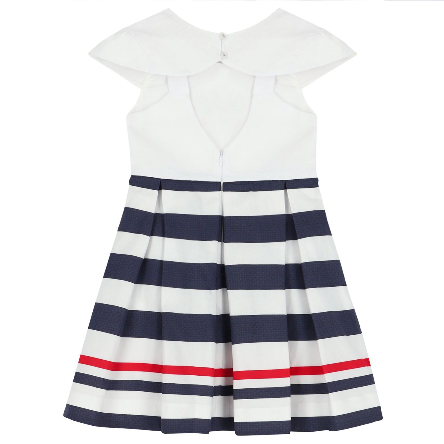 Girls White & Navy Blue Striped Dress, 1, hi-res