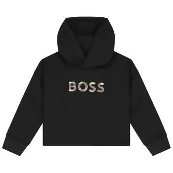 Girls Black Logo Crop Hooded Top