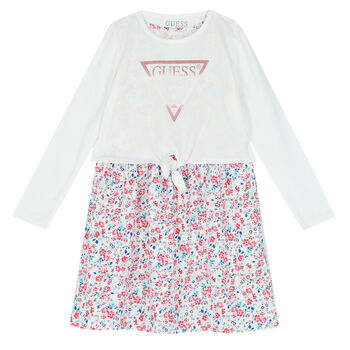 Younger Girls White & Floral Logo Dress