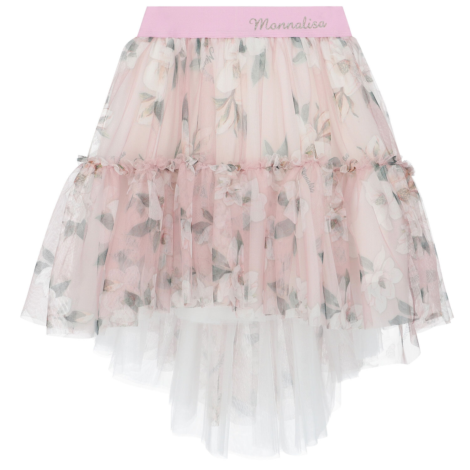 Girls Pink & White Floral Tulle Skirt, 1, hi-res