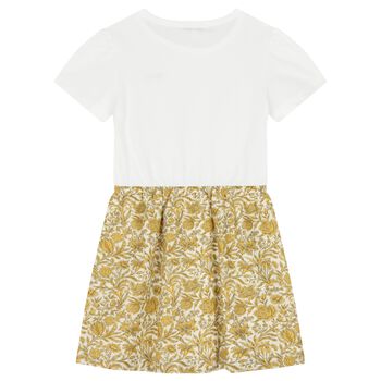 Girls White & Gold Floral Dress