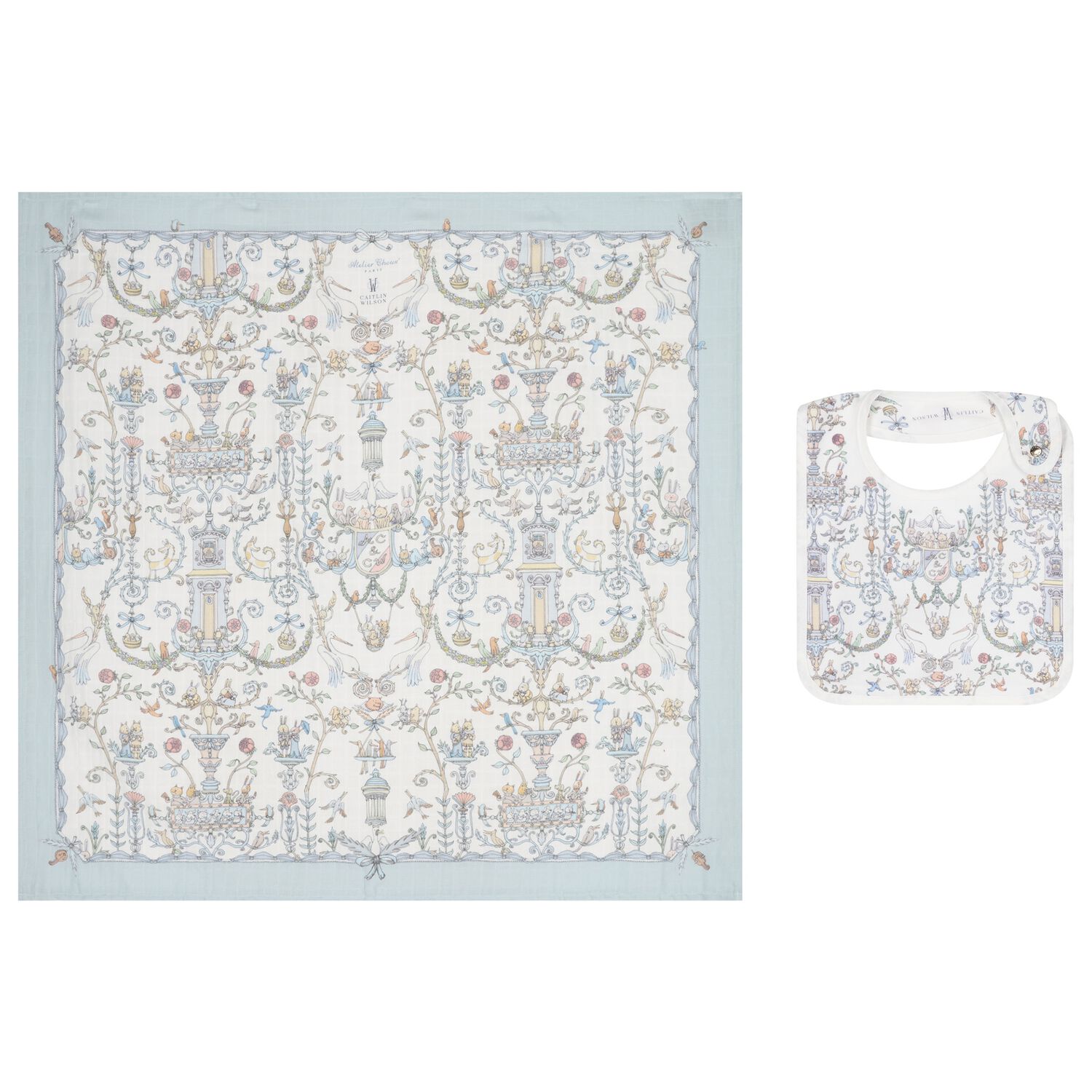 Baby Boys White & Blue Toile de Jouy Carré Swaddle & Bib Gift Set, 1, hi-res