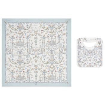Baby Boys White & Blue Toile de Jouy Carré Swaddle & Bib Gift Set