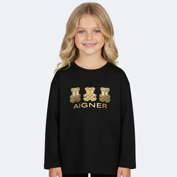 Girls Black & Gold Teddy Bear Logo Long Sleeve Top
