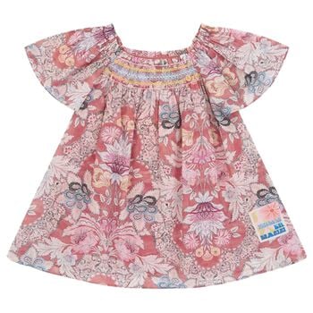Girls Pink Floral Shirred Dress
